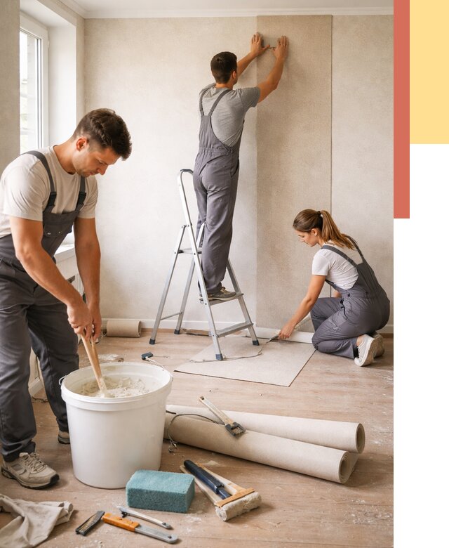 Оклейка стен обоями в Холмске от 3595 руб/м2 — быстро и недорого | ОТДЕЛОЧНИК-Хлм