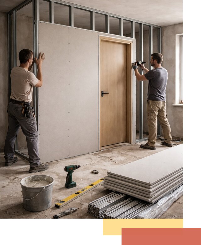 Перегородка из гипсокартона с дверью под ключ в Холмске