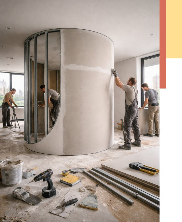 Радиусная перегородка из гипсокартона в Холмске от 2979 руб. под ключ | ОТДЕЛОЧНИК-Хлм