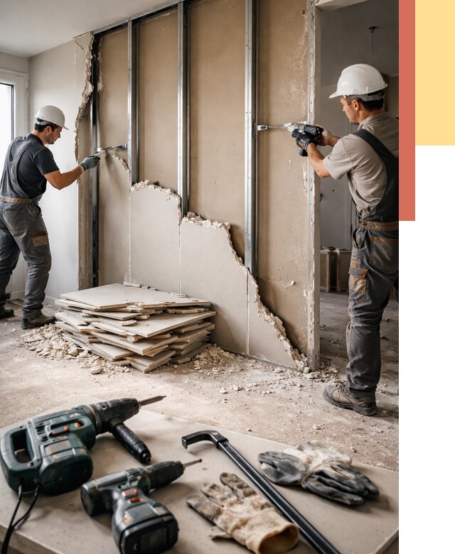 Демонтаж перегородки из гипсокартона в Холмске от 1233 руб. быстро и недорого | ОТДЕЛОЧНИК-Хлм