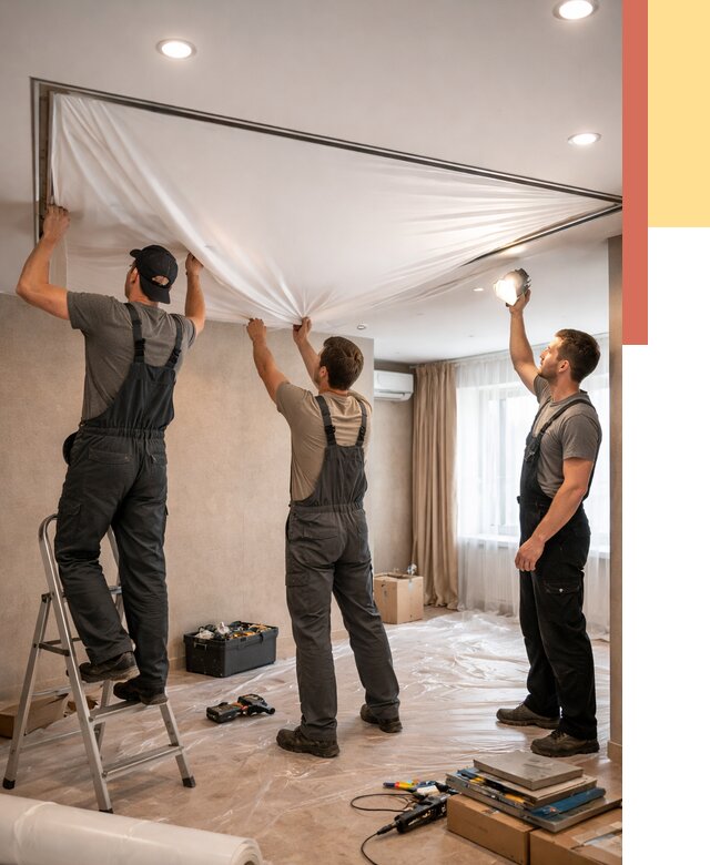 Монтаж ПВХ натяжного потолка в Холмске от 3595 руб. под ключ | ОТДЕЛОЧНИК-Хлм