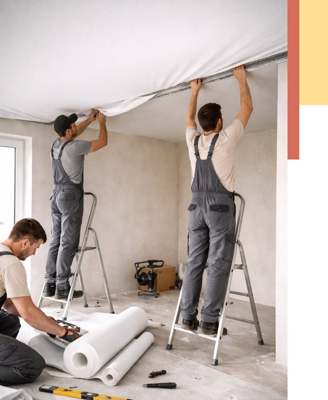 Монтаж тканевого натяжного потолка в Холмске от 3595 руб. под ключ | ОТДЕЛОЧНИК-Хлм