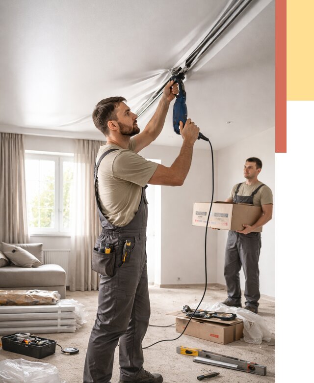 Монтаж сатинового натяжного потолка в Холмске от 3595 руб. | Быстро, недорого — ОТДЕЛОЧНИК-Хлм