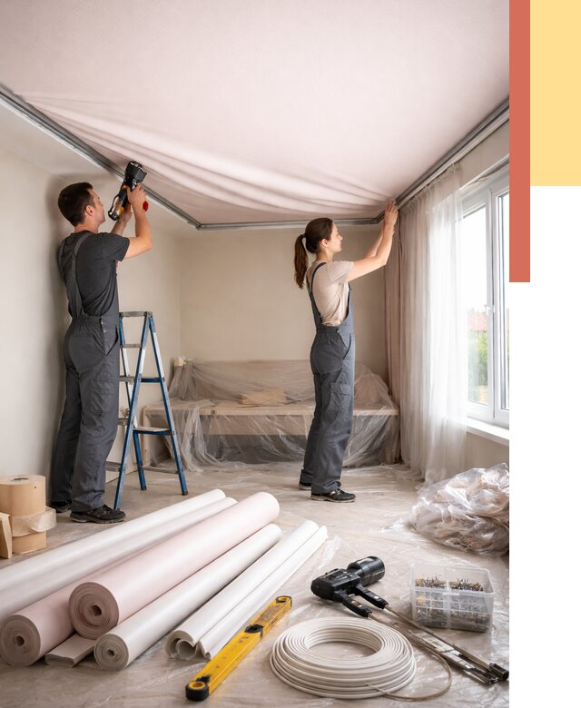 Монтаж цветного натяжного потолка в Холмске от 4314 руб/м² — быстро и недорого | ОТДЕЛОЧНИК-Хлм