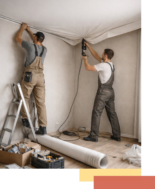 Монтаж цветного натяжного потолка в Холмске за один день