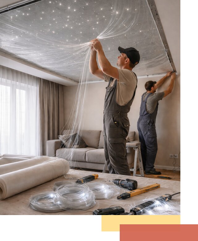 Монтаж натяжного потолка «Звездное небо» в Холмске