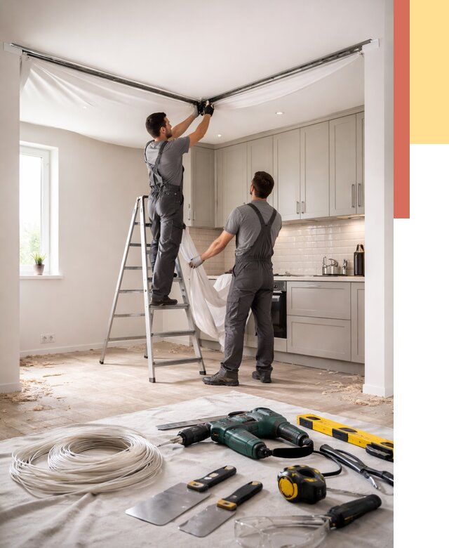 Установка натяжного потолка на кухне в Холмске от 2465 руб. | ОТДЕЛОЧНИК-Хлм