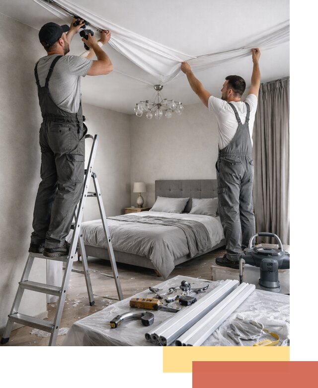 Монтаж натяжного потолка в спальне в Холмске