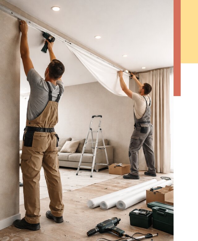 Монтаж натяжного потолка в гостиной в Холмске от 565 руб. | ОТДЕЛОЧНИК-Хлм