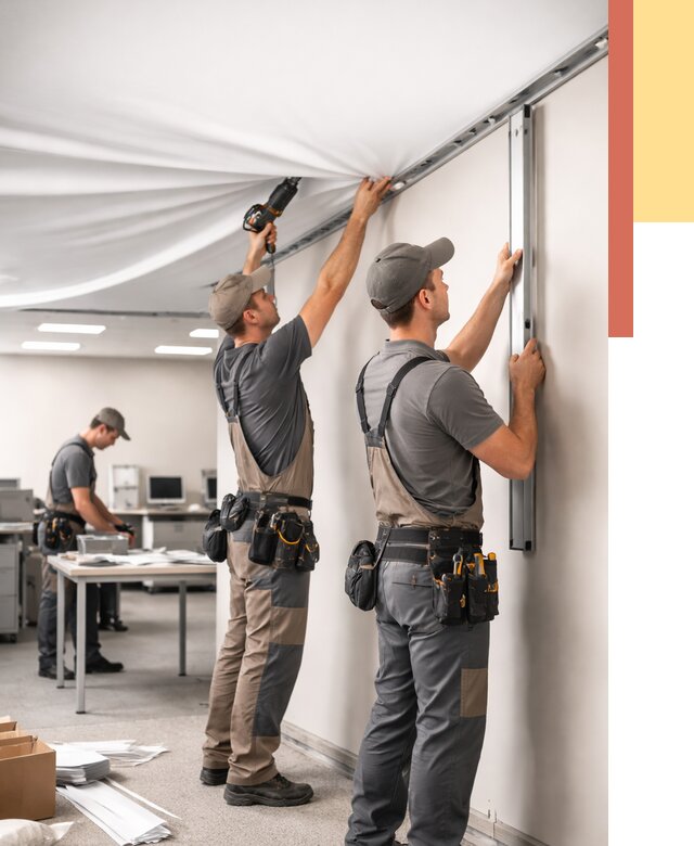 Монтаж натяжного потолка в офисе в Холмске от 462 руб/м² — быстро и недорого | ОТДЕЛОЧНИК-Хлм