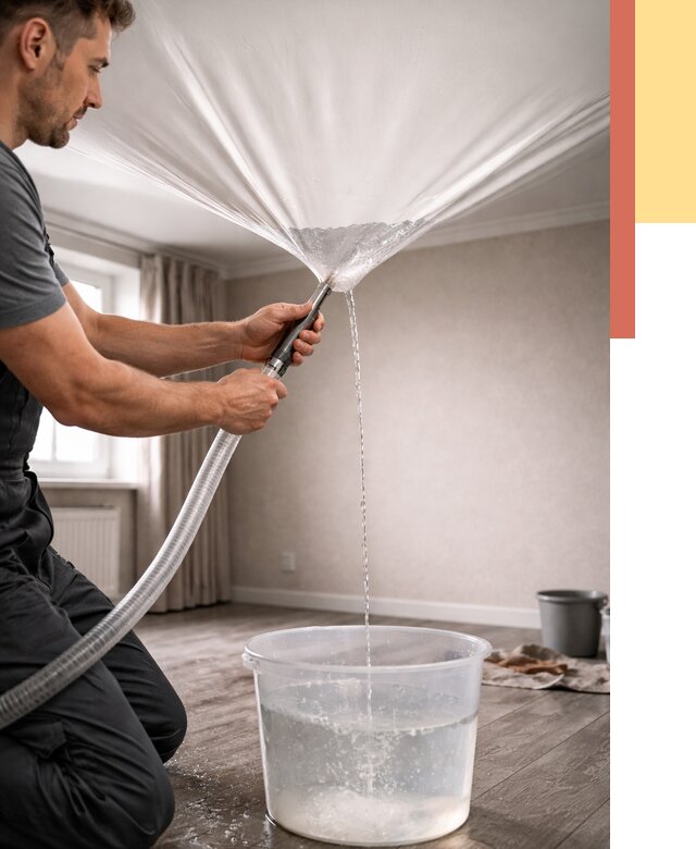 Слив воды с натяжного потолка в Холмске от 2568 руб. быстро и недорого | ОТДЕЛОЧНИК-Хлм