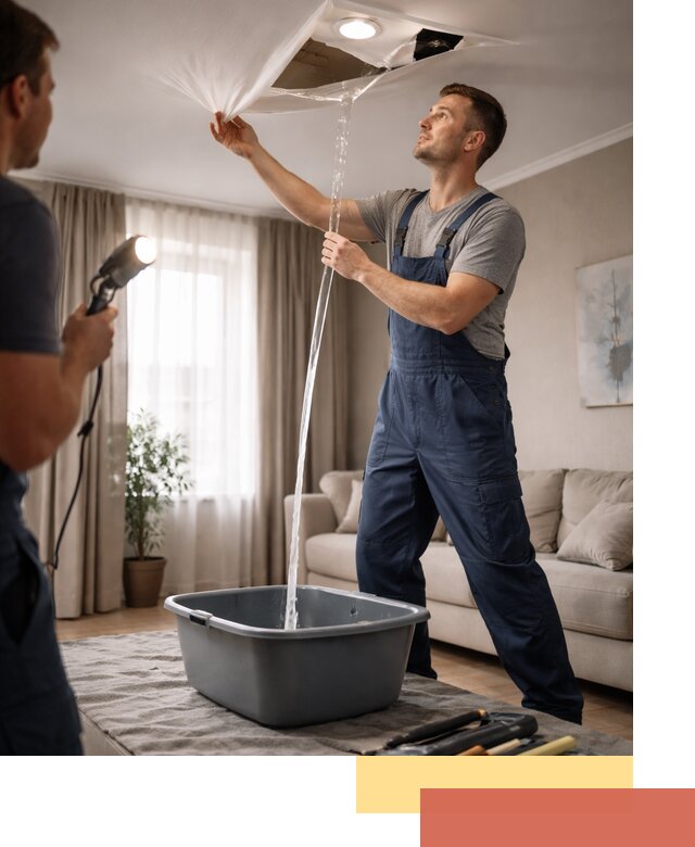 Слив воды с натяжного потолка в Холмске быстро и аккуратно