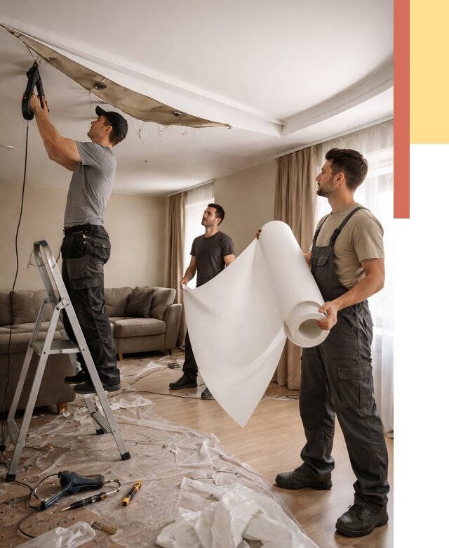 Замена полотна натяжного потолка в Холмске от 9757 руб. быстро и недорого | ОТДЕЛОЧНИК-Хлм