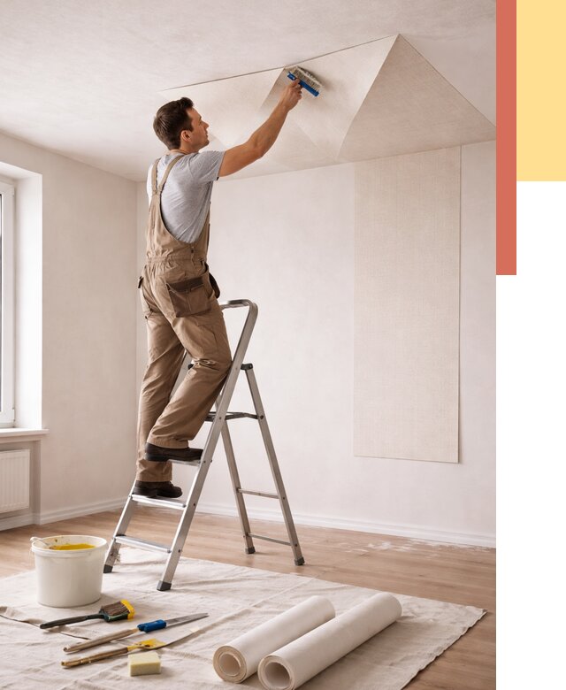 Поклейка обоев на потолок в Холмске от 4622 руб. быстро и недорого | ОТДЕЛОЧНИК-Хлм